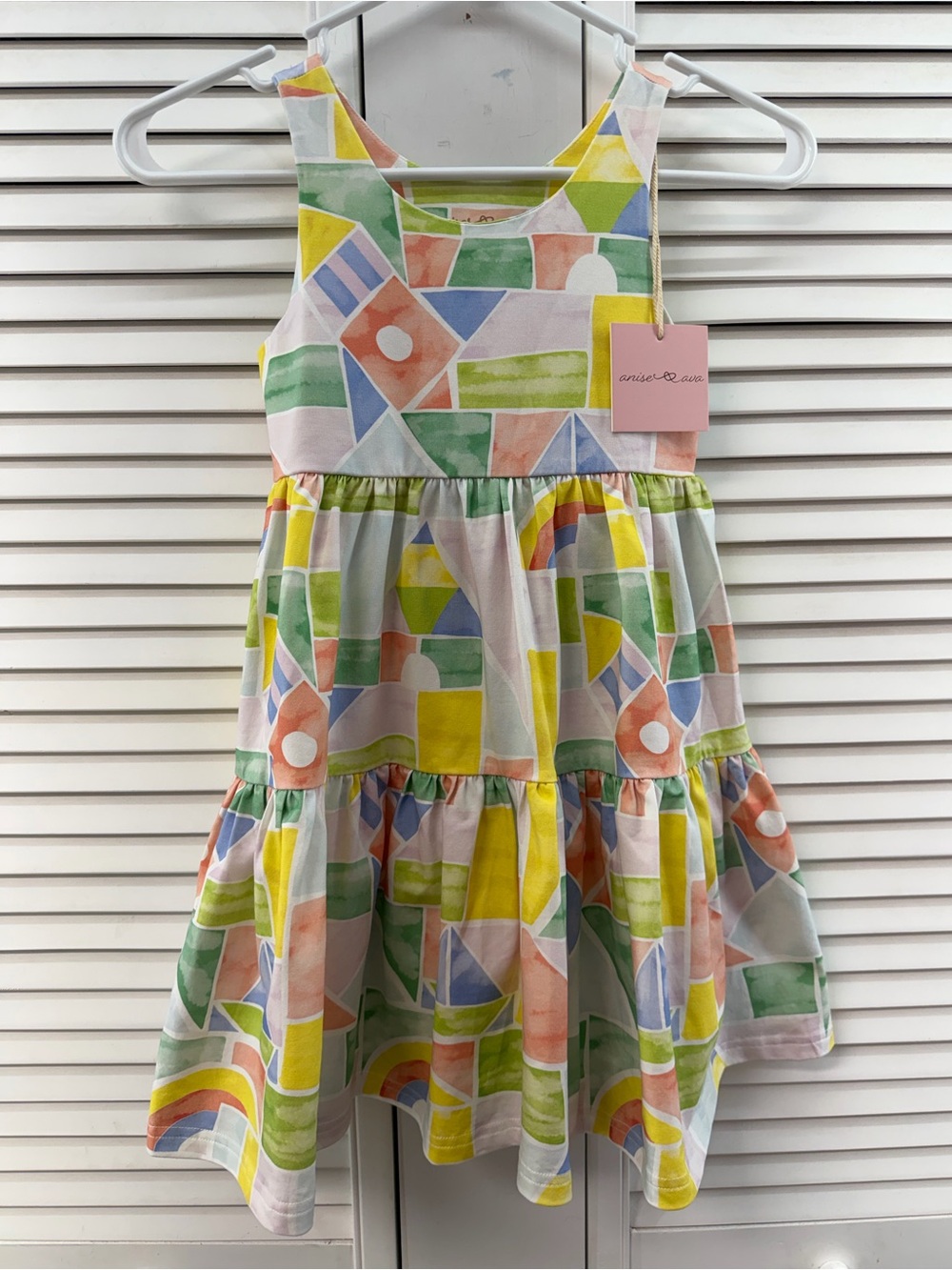 Anise & Ava size 5-6 Alex dress rainbow blocks Pastel Geometric Tiered Dress nwt